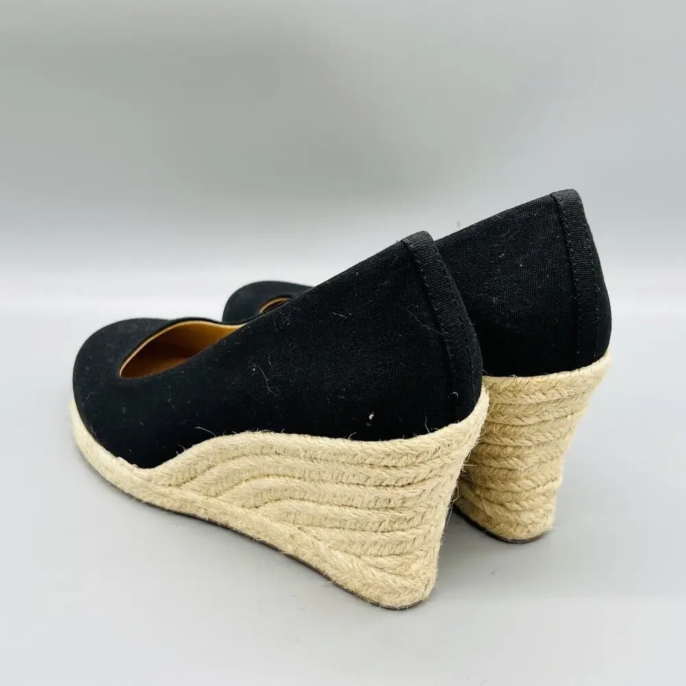 J Crew Shoes Womens 7.5 Black Cotton Espadrille Wedge Heels Round Toe Slip On